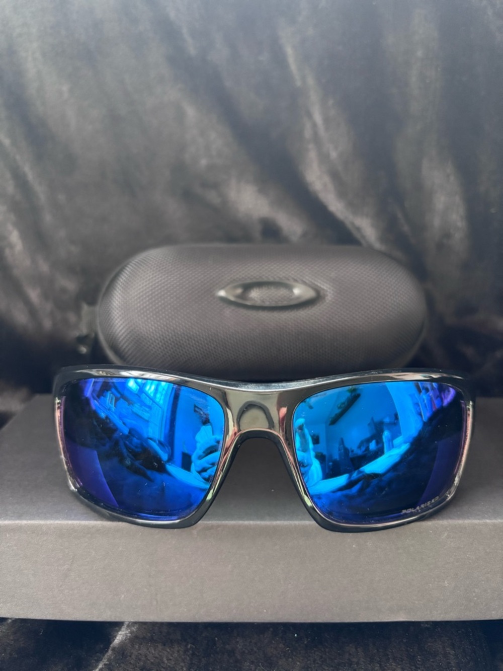 Oakley Men's Black Sunglasses with Blue Mirrored Lenses